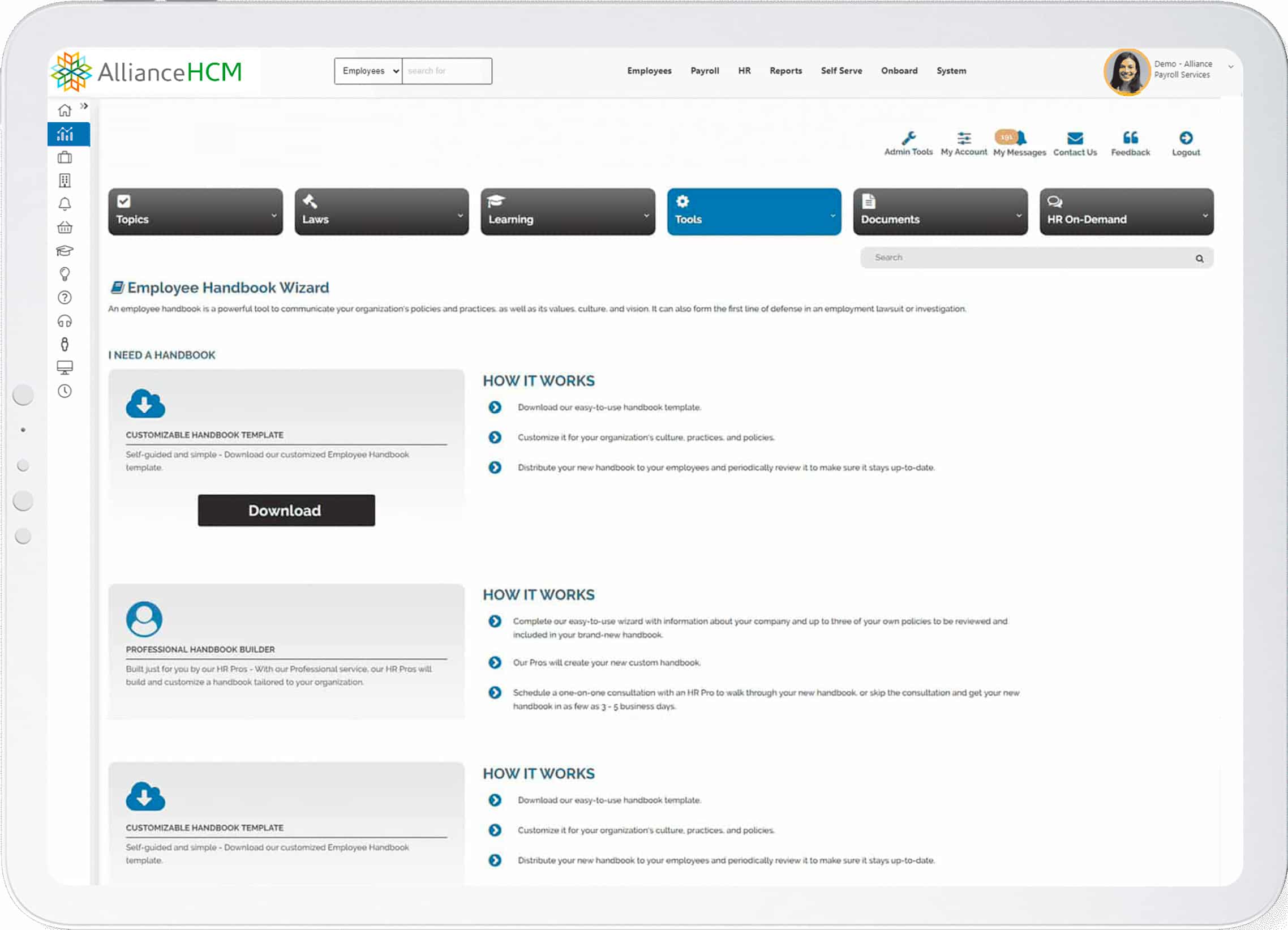 AllianceHCM HR and learning management dashboard
