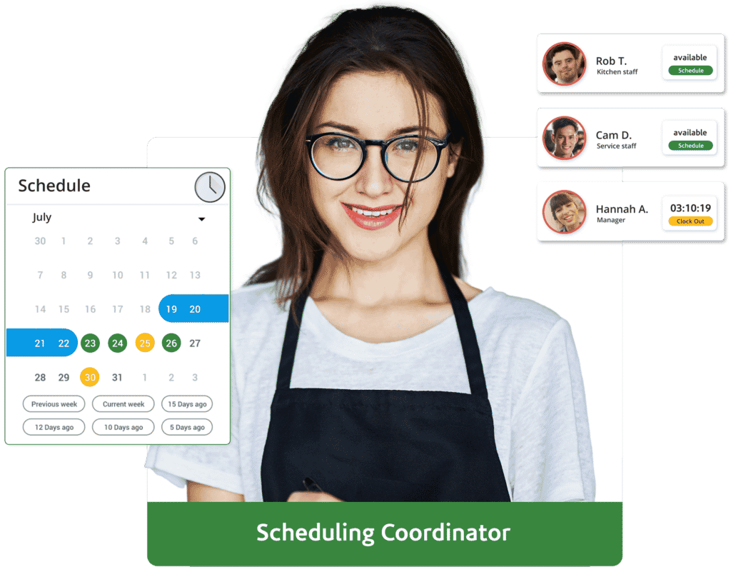 Scheduling coordinator smiling with graphics overlayed