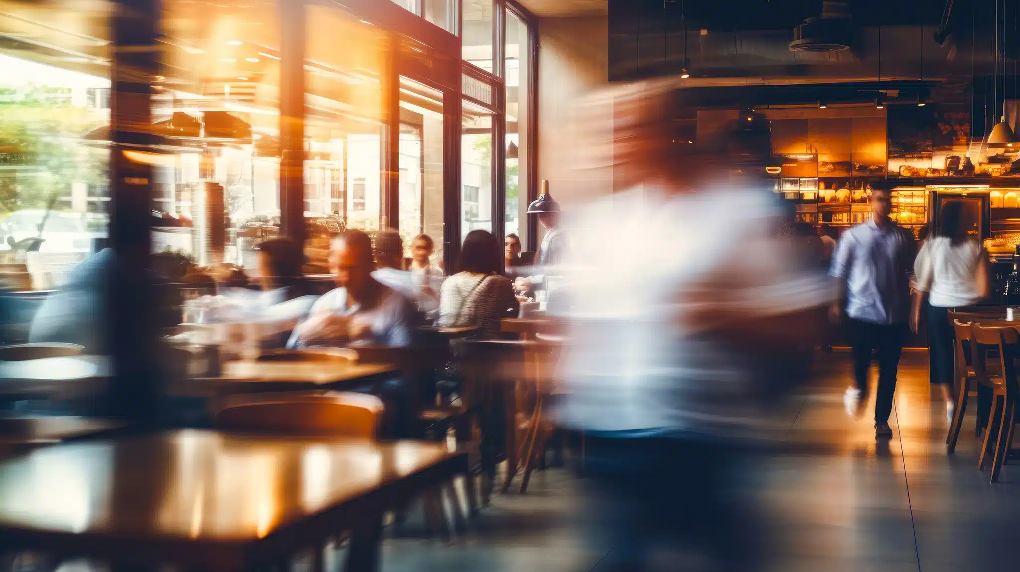 Busy restaurant during peak hours with customers dining and staff serving, illustrating the need for effective labor management to handle high demand periods.