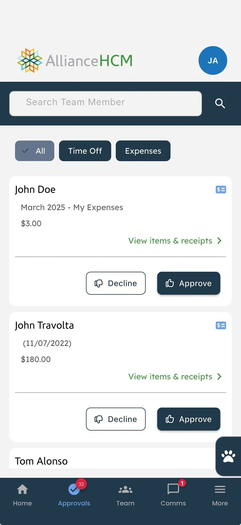 Manager Self-Service screen