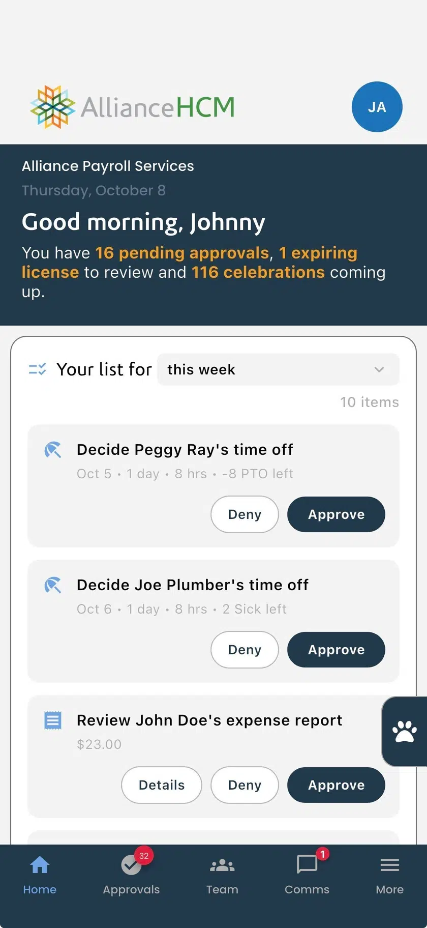 Manager Self-Service home screen on a phone: the week's list with time-off and expense requests, each with Deny and Approve